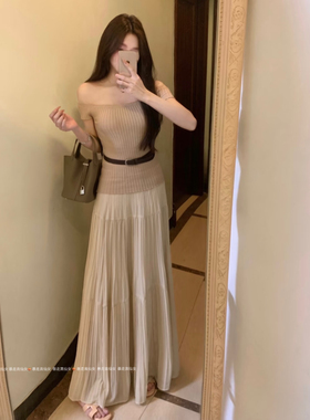 暴走高仙女高个子175杏色百褶半身裙女夏显瘦a字加长180大摆长裙