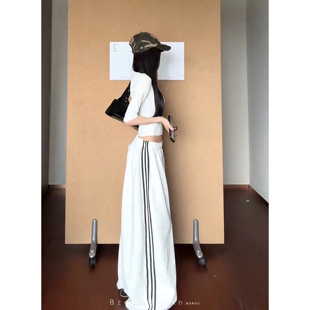 卫裤 女简约宽松运动休闲拖地裤 175高个子加长条纹白色阔腿休闲裤