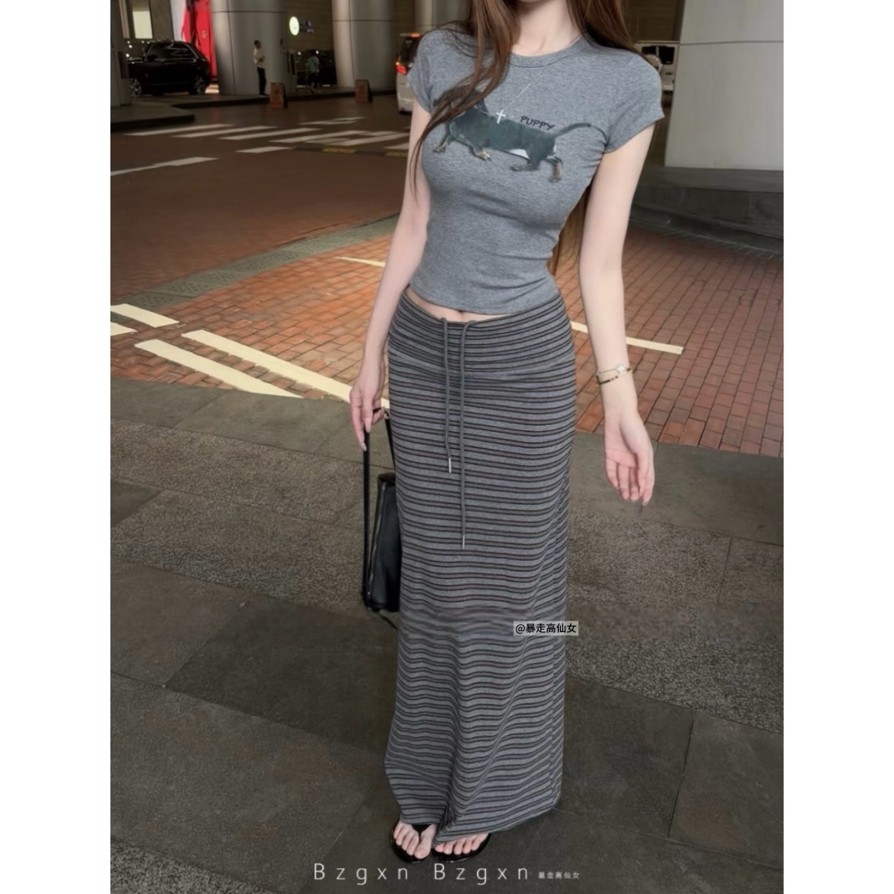暴走高仙女175高个子加长版条纹半身裙女夏季高腰显瘦包臀拖地裙