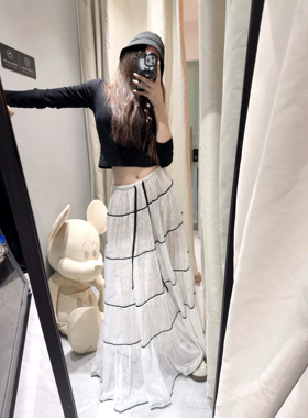 暴走高仙女175高个子2026春季拼接中长裙A字大摆裙高腰半身蕾丝裙