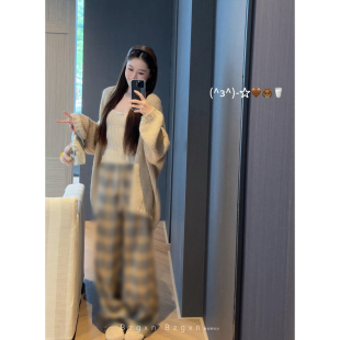 卡其拖地休闲裤 女 慵懒松弛感宽松显瘦格纹阔腿裤 175高个子格子裤