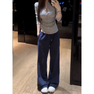 休闲直筒阔腿裤 女秋2025高腰显瘦卫裤 暴走高仙女藏青色lulu运动裤