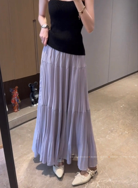 暴走高仙女175高个子加长紫色温柔风甜美压褶纱半身春秋A字裙长裙