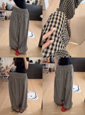 高个版加长【松紧打揽格子】可调节灯笼阔腿裤松弛百搭舒服裤夏季