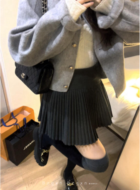 175高个子加长百褶裙毛呢短裙灰色防走光A字半身裙女秋冬高腰裙子