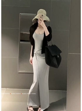 暴走高仙女高个子加长版灰色吊带长裙套装女2026新款夏季防晒开衫