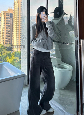 暴走高仙女175高个子加长黑灰复古阔腿牛仔裤2025直筒宽松拖地裤