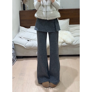 直筒休闲加绒毛呢微喇拖地裙裤 子女秋冬季 灰色屁帘裤 高个子加长版