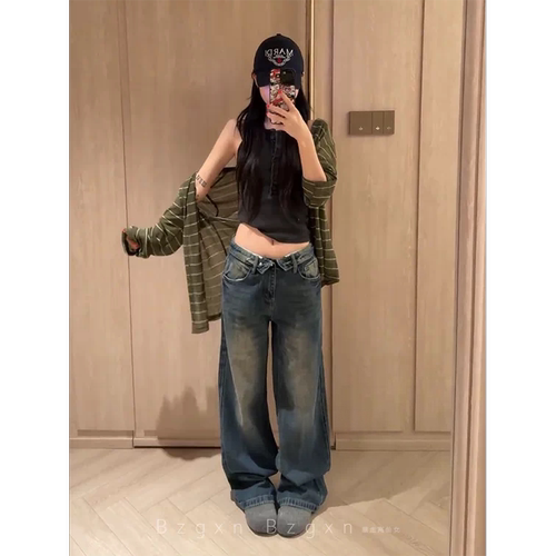 高个子复古水洗阔腿牛仔裤女加长