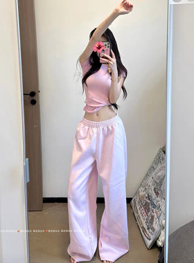 暴走高仙女高个子加长180粉色松紧腰休闲裤女春秋慵懒超好看卫裤