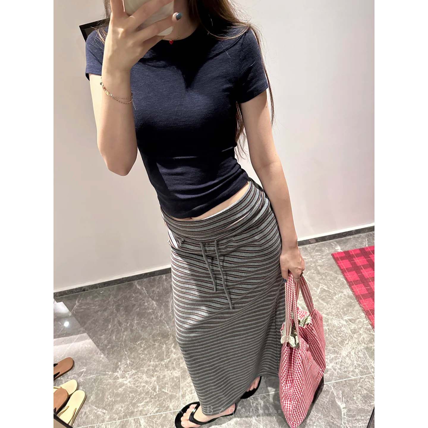 暴走高仙女175高个子慵懒风系带条纹半身裙女夏季加长版显瘦长裙