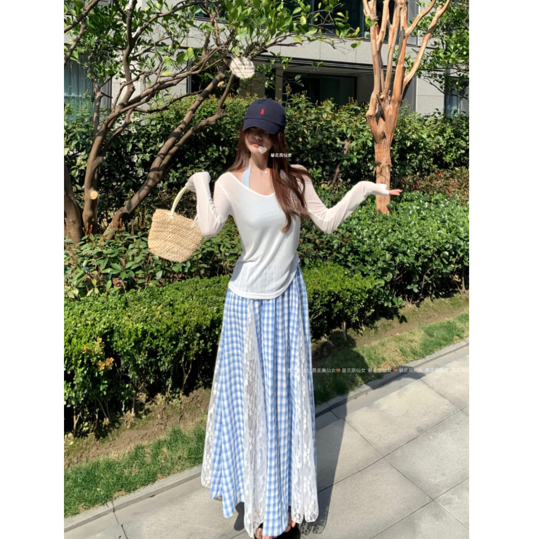 暴走高仙女高个子加长蓝色格子半身裙女夏高腰显瘦百搭a字大摆裙