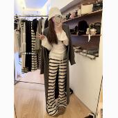 175高个子镂空加长遛弯拖地长裤 秋季 女慵懒加长版 条纹针织微喇裤