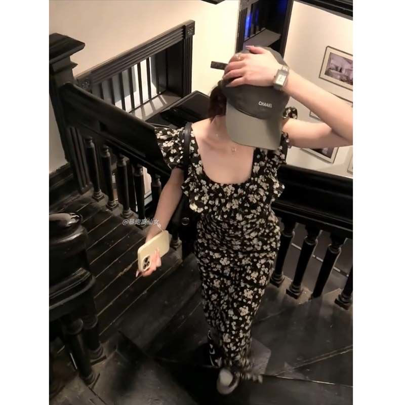 暴走高仙女高个子加长版碎花黑色连衣裙修身春夏中长款荷叶边长裙