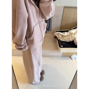 加长 套装 暴走高仙女连帽卫衣外套女冬季 加绒加厚慵懒休闲宽松美式