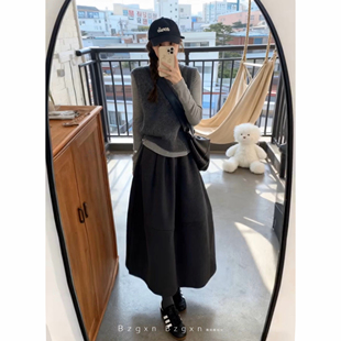高个子加长高级灰毛呢半身裙女2026秋冬加厚垂感花苞裙松紧腰伞裙
