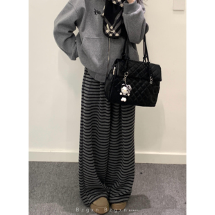 慵懶風抽繩條紋休閑褲 子秋季 高個子寬松高腰垂感闊腿褲 子 女梨形褲