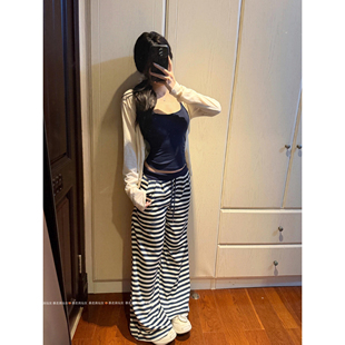 暴走高仙女175高个子藏青条纹休闲裤女2026春季新款慵懒拖地裤子