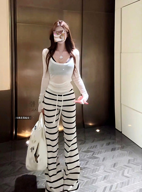 暴走高仙女175高个子慵懒条纹针织微喇休闲秋季镂空加长版拖地裤