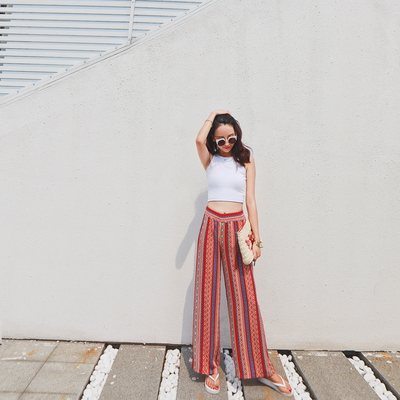 PM二点五波西米亚民族风度假飘逸夏季松紧腰休闲沙滩高腰长裤阔脚