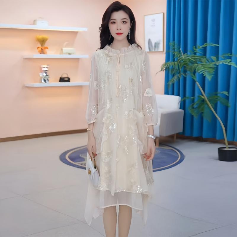 法式高级感重工亮片刺绣花朵连衣裙女2025春夏季新款宽松显瘦裙子
