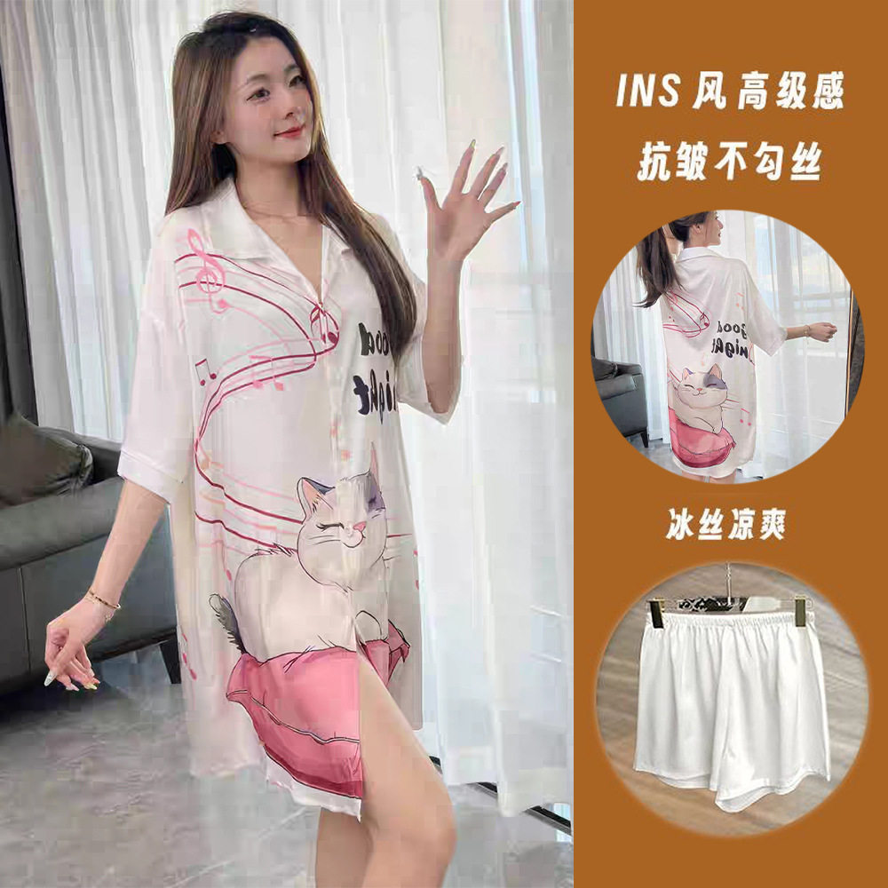 法式冰丝睡衣女士纯欲网红宽松大码丝绸衬衫睡裙套装可外穿家居服