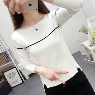 女士内搭长袖 一字领针织衫 秋装 百搭薄款 上衣 2023年新款 条纹打底衫
