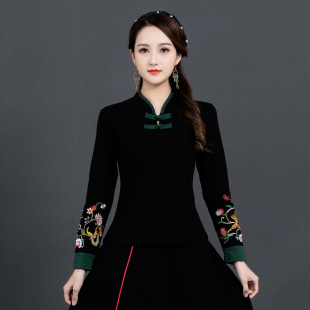 民族风女装绣花长袖刺绣棉t恤打底衫上衣春秋季新品女中国风T加绒
