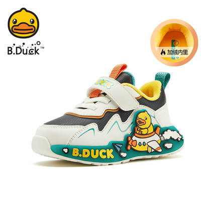 B.Duck小黄鸭男童运动鞋宝宝加绒亮灯鞋冬季皮面防水儿童二棉小童
