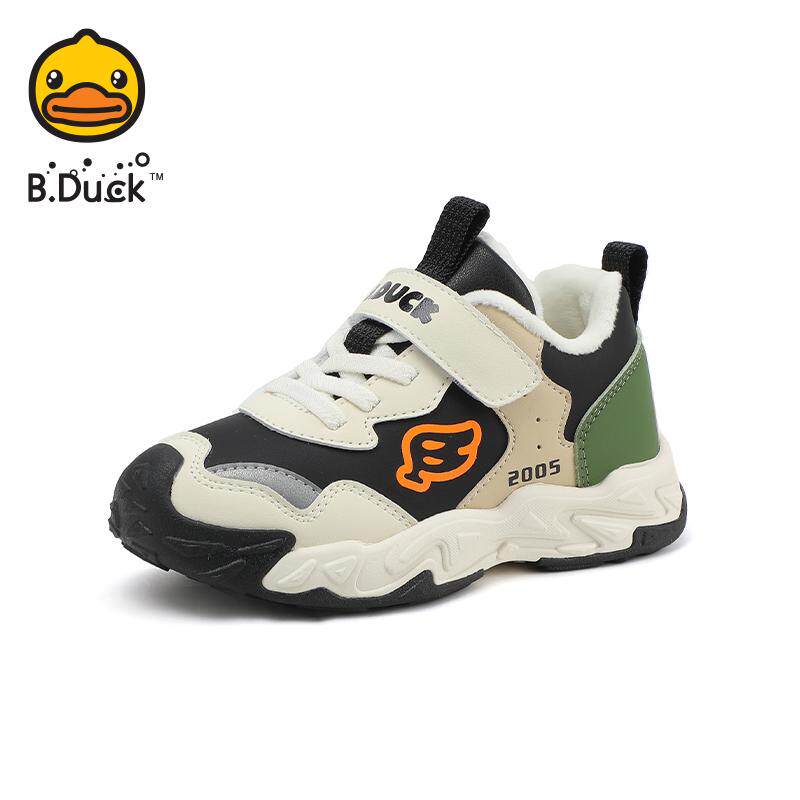 B.Duck小黄鸭男童女童运动鞋冬季皮面防水小童加绒儿童休闲二棉鞋