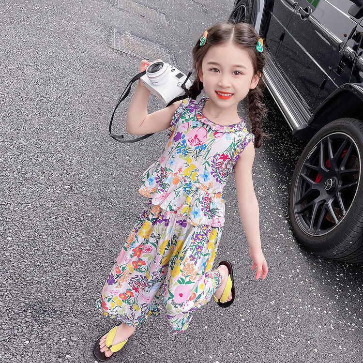 女童绵绸套装夏季薄款2025儿童韩版人造棉无袖上衣阔腿裤两件套潮