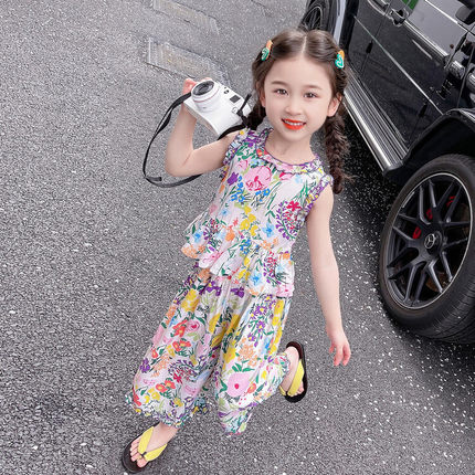女童绵绸套装夏季薄款2025儿童韩版人造棉无袖上衣阔腿裤两件套潮