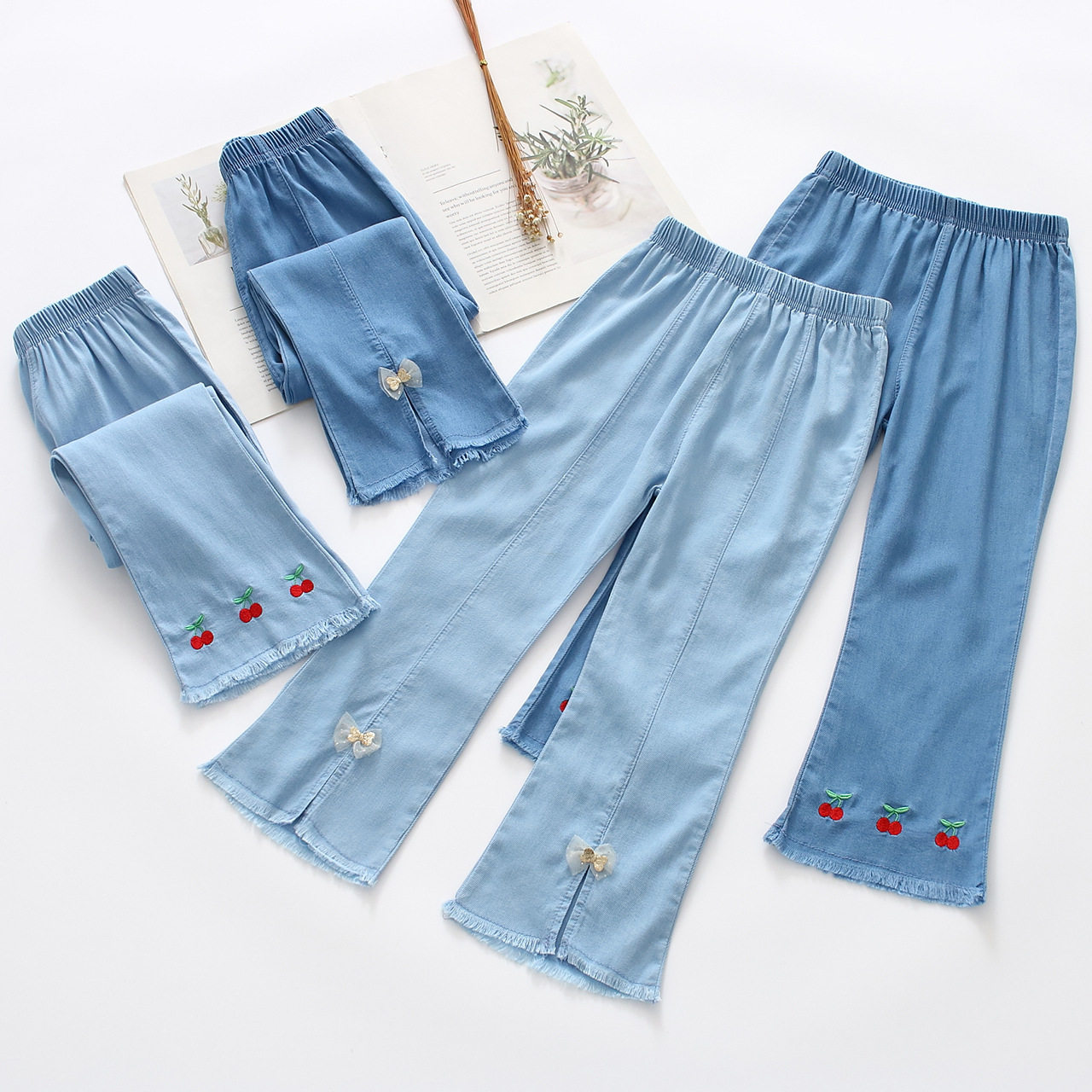 女童天丝牛仔开叉喇叭裤2023夏季薄款儿童蝴蝶结炸街时髦防蚊长裤