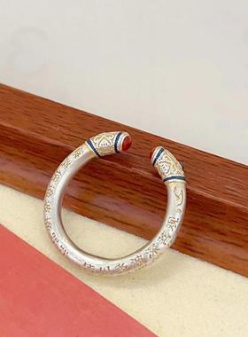 新中式复古滴胶描边心经戒指气质国潮女生珐琅彩开口指环新年礼物