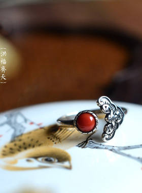 新中式古风红意蝙蝠戒指复古女生个性百搭开口指环福意寓意手饰品