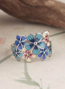 国潮繁花似锦戒指高级感民族风滴胶珐琅彩复古花朵女开口指环文艺