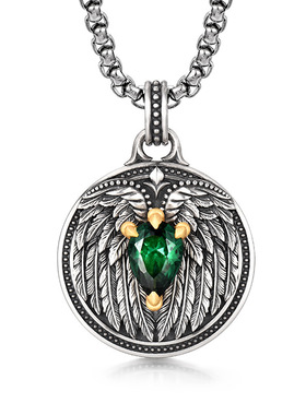 欧美复古鹰爪绿石吊坠高级感男生翅膀羽翼圆牌项链小众痞帅毛衣链