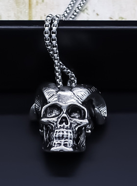 新欧美风恶魔羊角骷髅头吊坠男生嘻哈朋克霸气项链毛衣链小众配饰