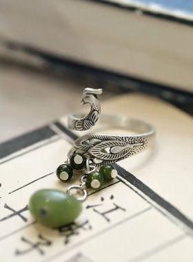 新中式孔雀戒指国潮女生复古文艺个性开口指环高级树脂石绿意手饰