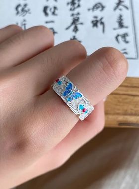 新中式滴胶珐琅彩蝴蝶戒指国潮文艺女生烧蓝梦蝶开口指环百搭手饰
