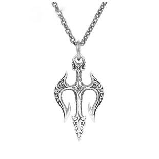 新款欧美复古个性十字架三叉戟吊坠中世纪海王嘻哈潮男毛衣链礼物