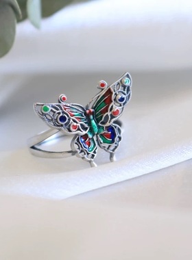 新中式滴胶珐琅彩色蝴蝶戒指女生文艺民族风高级时尚开口指环手饰