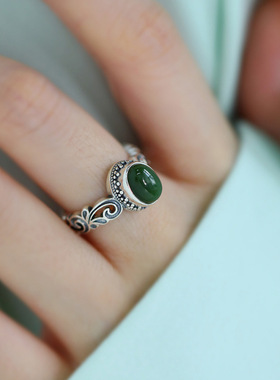 新款国风绿意唐草纹戒指高级感女文艺轻奢设计感开口指环气质手饰