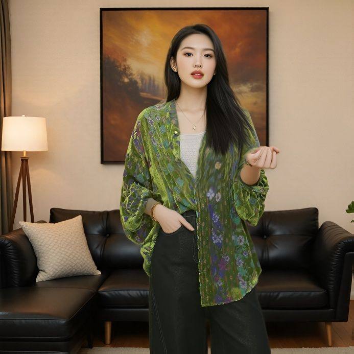 三吉同款8/17【花窗影】丝绒烂花琉璃窗纹衬衫