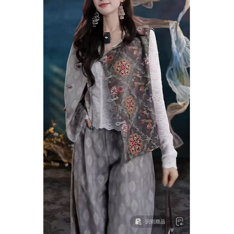 三吉同款【君如珩】新中式打籽绣金丝麻马甲阔腿裤轻熟高知一整套