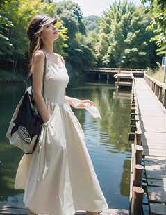 地球店米杏色收腰吊带连衣裙子女夏季设计感可调节双肩带A字长裙