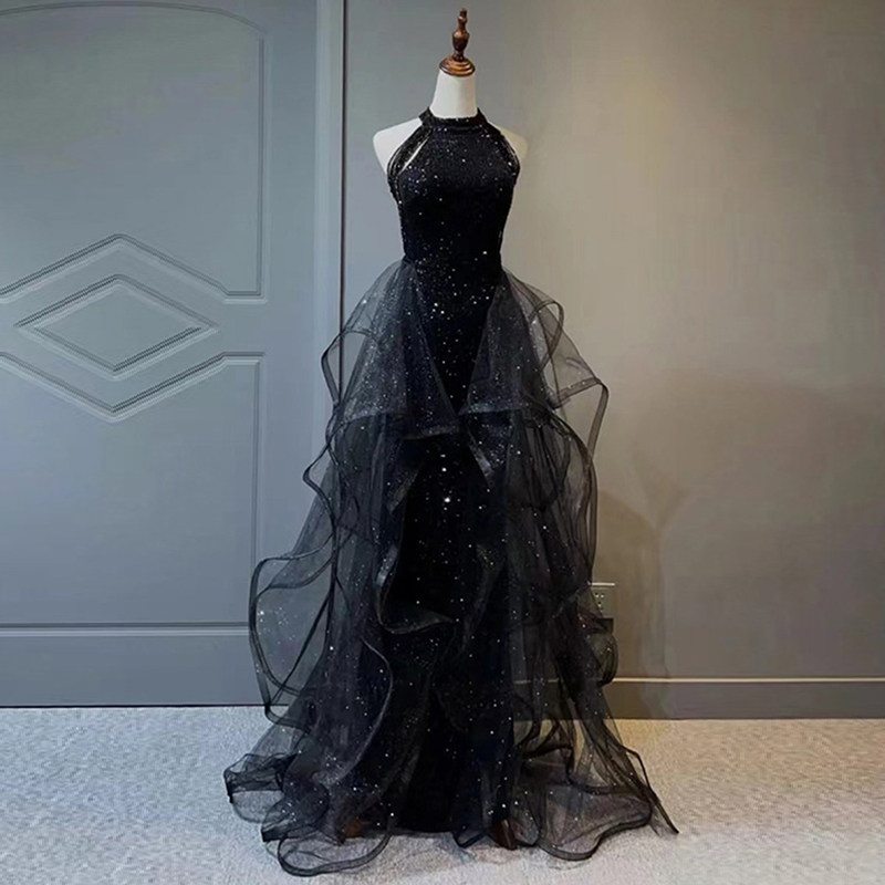 影楼黑色修身婚纱晚礼服轻奢小众高级感亮片鱼尾年会主持艺考演出