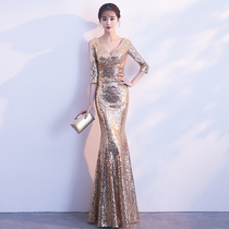Temperament banquet evening dress 2019 new noble lady long gold fishtail host dress high end women