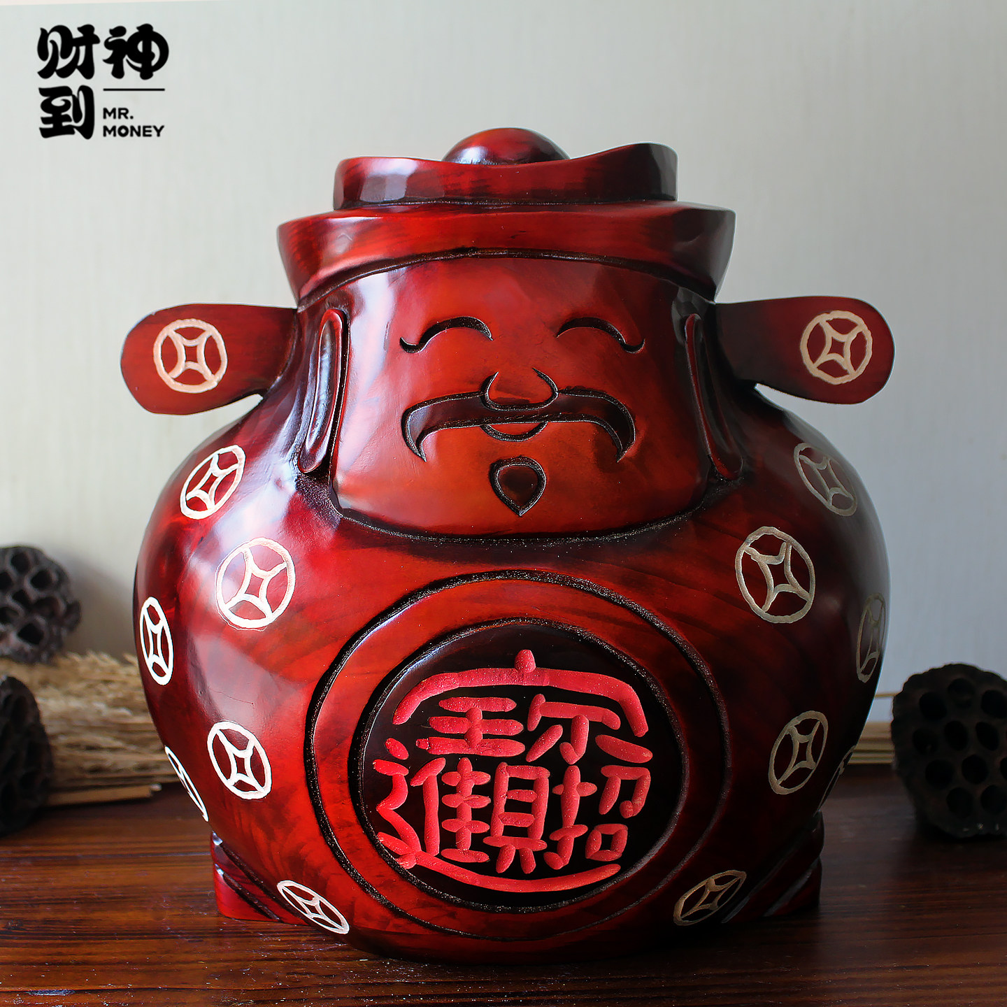 实木招财财神爷存钱罐摆件创意礼物工艺品开业送礼木质投币储蓄罐