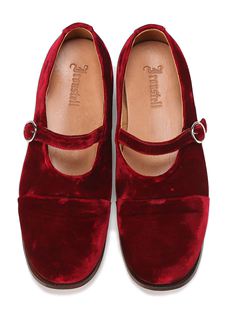 中古日系方跟扣带原创小众意大利手工复古玛丽珍女真丝红丝绒皮鞋